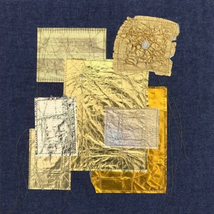 Collage, 2020 Wrappers, metal foil, threads on denim fabric, 12.5